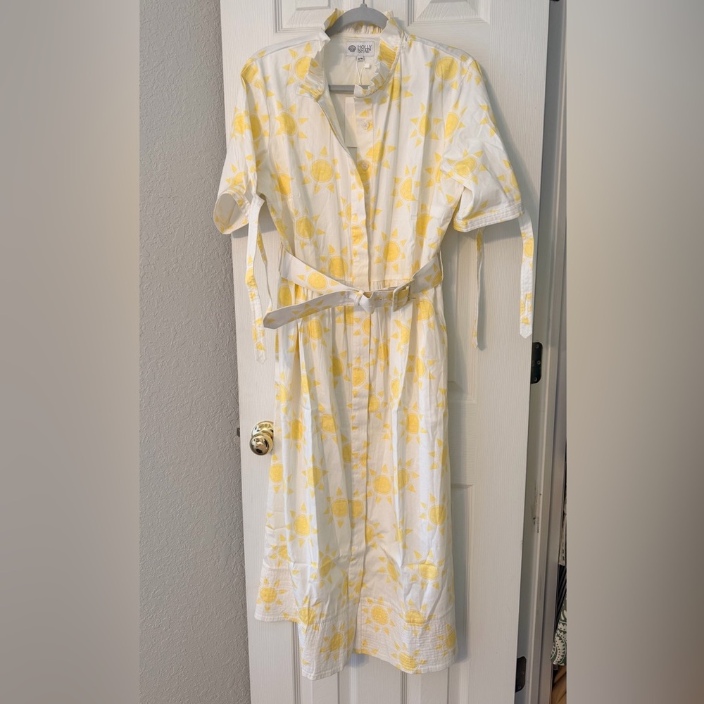 Button-Front Yellow Floral Midi Shirt Dress with Tie Waist